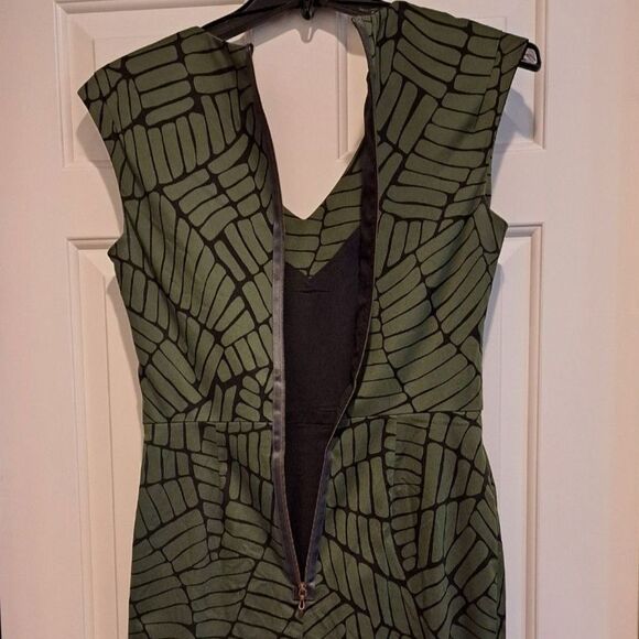Lela Rose Women's Size 10 Sleeveless V-Neck Sheath Dress Green &Black Silk Blend - Picture 4 of 12
